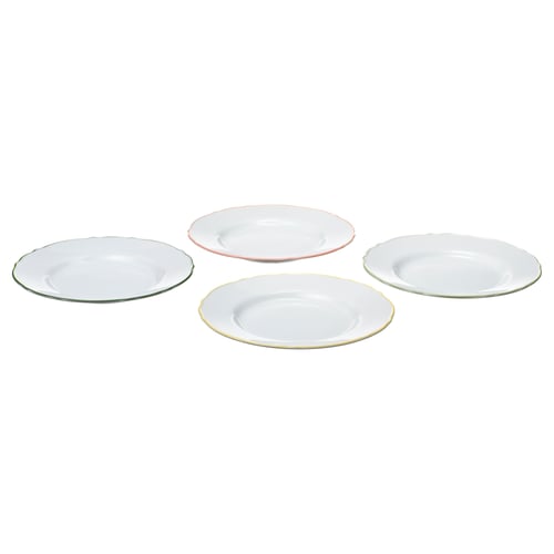 Four UPPLAGA side plates, white with gold, pink, and green rims, arranged in a square on a white surface.