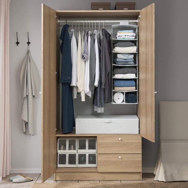 VILHATTEN wardrobe, light wood, compact, hangs/folds clothes, organised with boxes, fits small spaces.