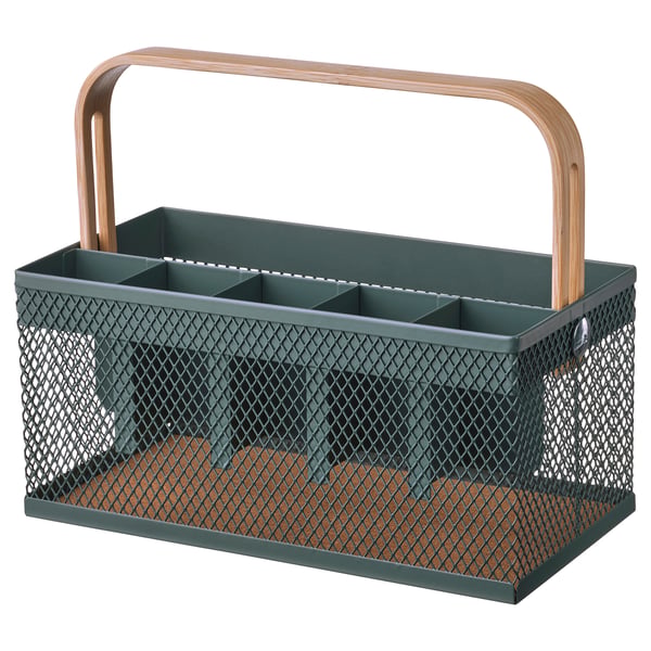 VIMPELFISK green metal basket with bamboo handle, organised compartments, diamond mesh design.
