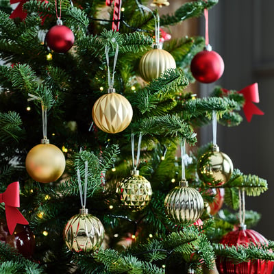 Christmas tree decorated with red and gold baubles; shiny and matte ornaments hang from branches with lights.