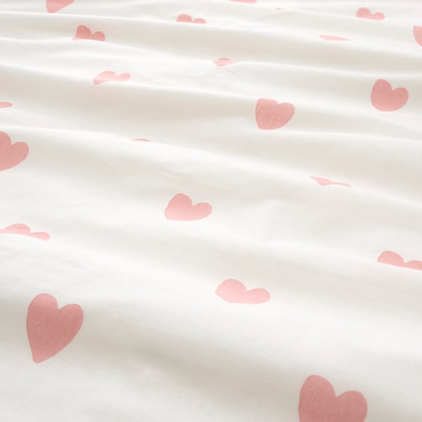 BARNDRÖM غطاء لحاف وغطاء مخدة, نقش قلب أبيض/زهري, 150x200/50x80 سم