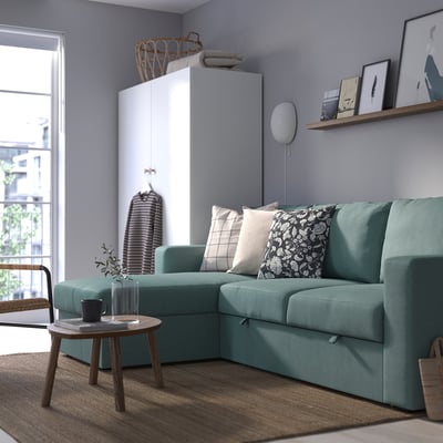 BÅRSLÖV كنبة سرير 3 مقاعد مع أريكة طويلة, Tibbleby رمادي فاتح-تركواز