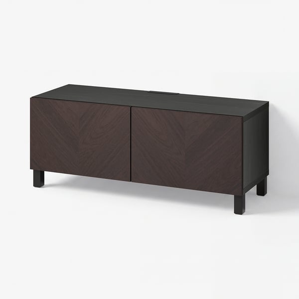 BESTÅ طاولة تلفزيون مع أبواب, أسود-بني Hedeviken/Stubbarp/بني غامق قشرة سنديان مصبوغ, 120x42x48 سم