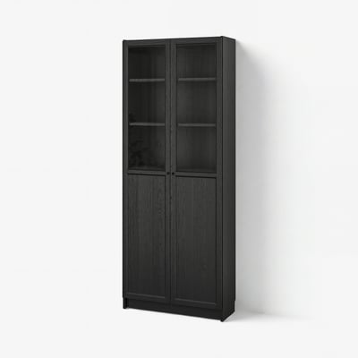 BILLY / OXBERG مكتبة مع أبواب زجاجية/لوحية, أسود شكل السنديان, 80x30x202 سم