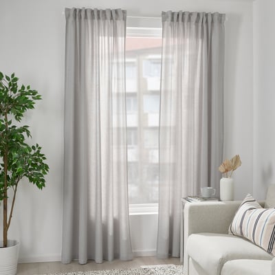 FJÄDERMOTT زوج ستائر, أبيض/رمادي/مع شريط ستارة, ‎145x300 سم‏
