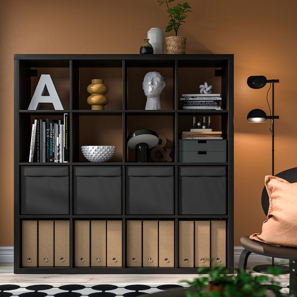 KALLAX وحدة أرفف مع 4 تركيبات داخلية, أسود-بني, 147x147 سم