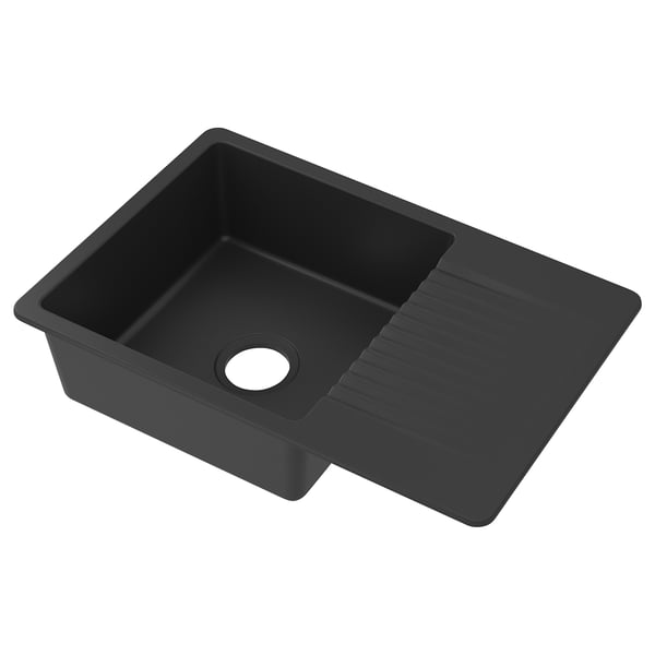 KILSVIKEN حوض واحد مدمج مع منصة تجفيف, أسود مركّب كوارتز, 72x46 سم