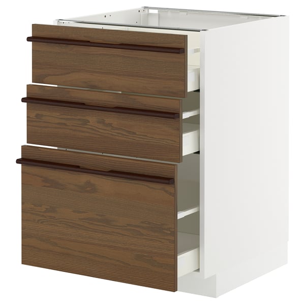 METOD / MAXIMERA خزانة قاعدة مع 3 أدراج, أبيض/Stensta قشرة الدردار بني غامق, 60x60 سم
