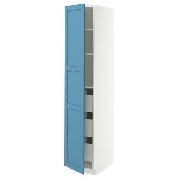 METOD / MAXIMERA خزانة عالية بأدراج, أبيض/Lerhyttan أزرق, 40x60x200 سم
