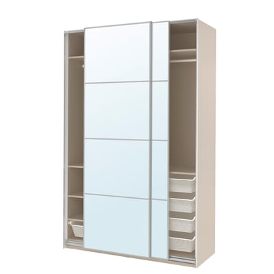 PAX / AULI دولاب ملابس مع أبواب سحّابة, رمادي-بيج/زجاج مرايا, 150x66x236 سم