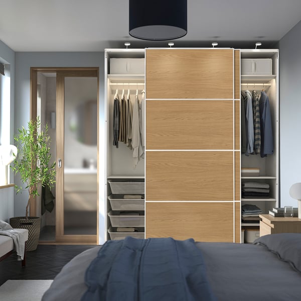 PAX / MEHAMN دولاب ملابس مع أبواب سحّابة, أبيض أبيض/ثنائي الجانب. شكل السنديان, 200x66x236 سم