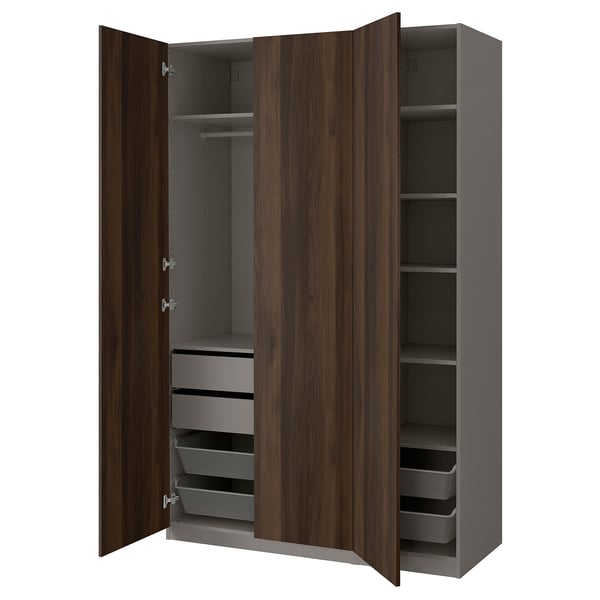 PAX / STORKLINTA تشكيلة دولاب ملابس., رمادي غامق/بني غامق مظهر سنديان مصبوغ, 150x60x236 سم