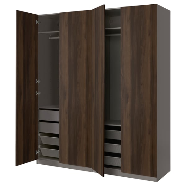 PAX / STORKLINTA تشكيلة دولاب ملابس., رمادي غامق/بني غامق مظهر سنديان مصبوغ, 200x66x236 سم