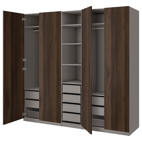 PAX / STORKLINTA تشكيلة دولاب ملابس., رمادي غامق/بني غامق مظهر سنديان مصبوغ, 250x60x236 سم