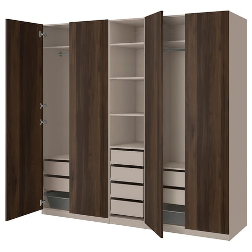 PAX / STORKLINTA تشكيلة دولاب ملابس., رمادي-بيج/بني غامق مظهر سنديان مصبوغ, 250x58x236 سم