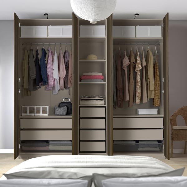 PAX / STORKLINTA تشكيلة دولاب ملابس., رمادي-بيج/بني غامق مظهر سنديان مصبوغ, 250x58x236 سم