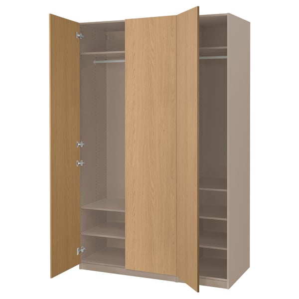 PAX / STORKLINTA تشكيلة دولاب ملابس., رمادي-بيج/شكل السنديان, 150x60x236 سم
