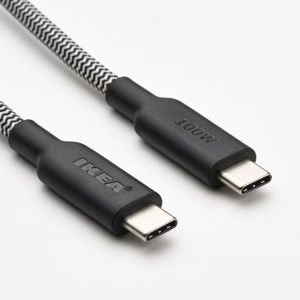 RUNDHULT كابل شحن USB-C إلى USB-C, أسود/ أبيض, 1.5 م/100 واط