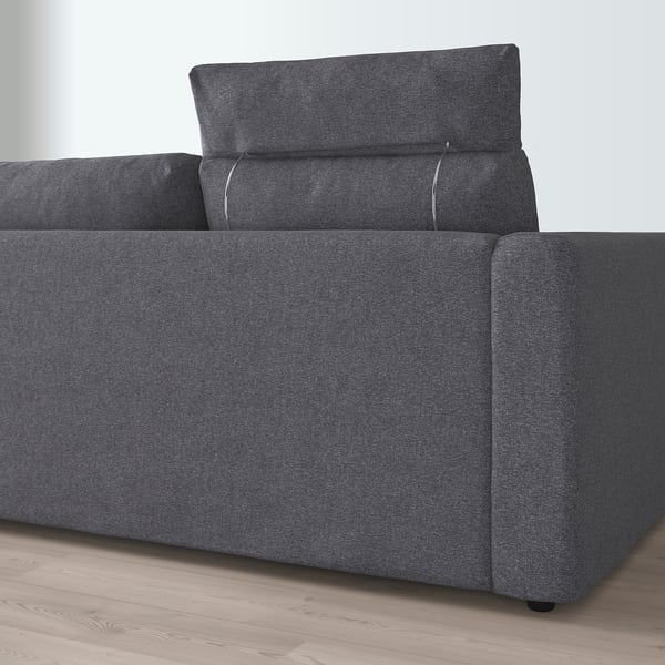 VIMLE كنبة 3 مقاعد, مع مسند للرأس/Gunnared رمادي معتدل