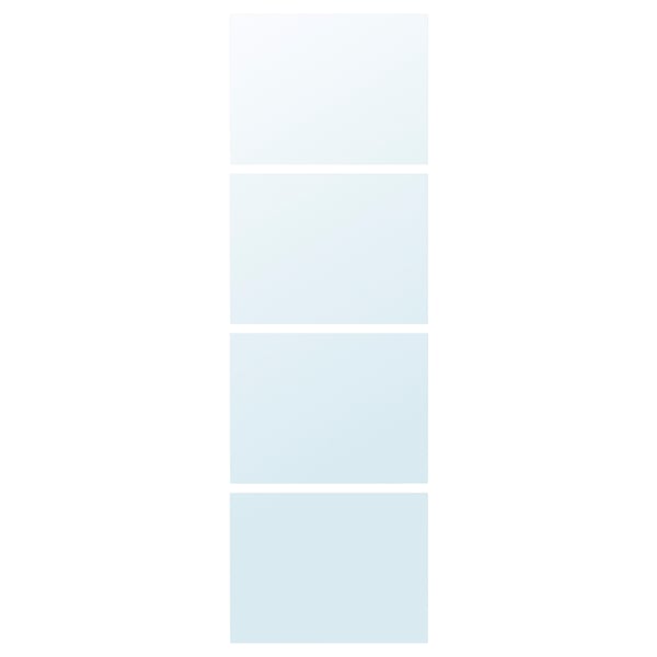Light blue glass mirror panels, 4 vertical sliding doors, reflect light, safe film.