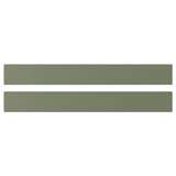 Two green kitchen cabinet fronts. Matte finish with inset panel design. Rectangle shape.