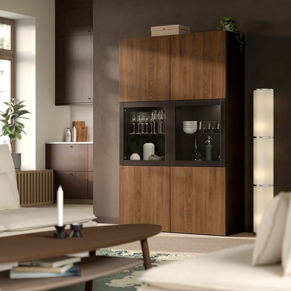BESTÅ Storage combination w glass doors, black-brown Lappviken/brown walnut effect, 120x42x193 cm
