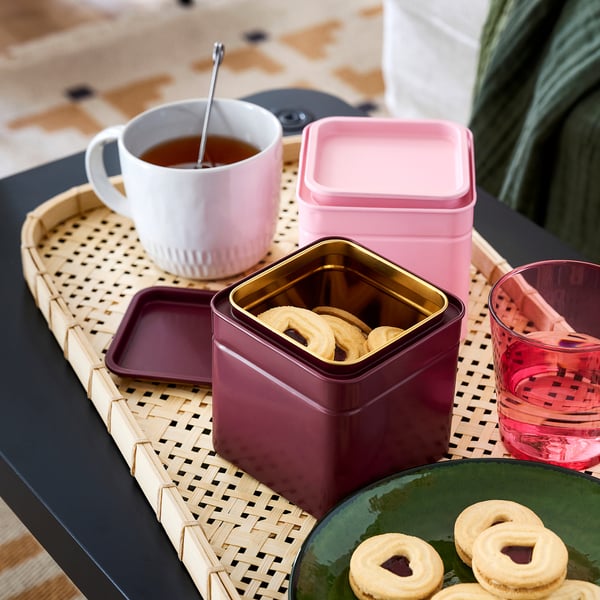 BLOMNING pink tin, small, holds coffee/tea, stackable, metal, square, stylish design on wicker tray.