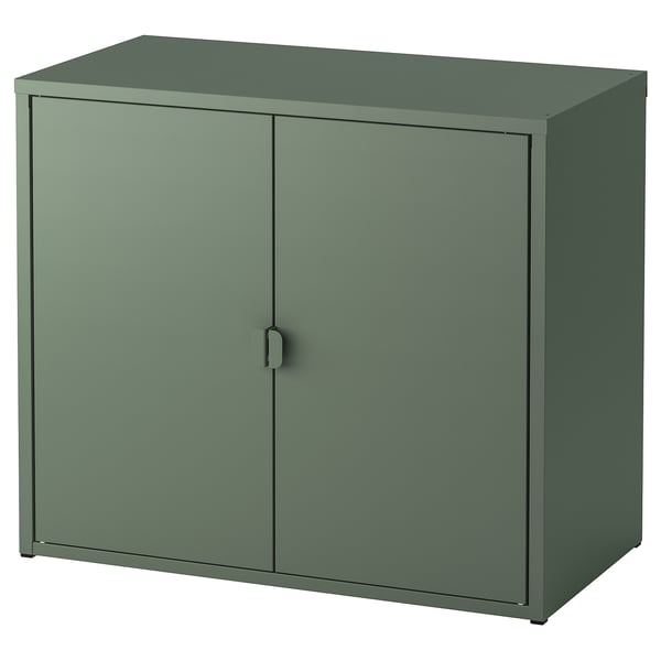 Green metal cabinet with two doors and clean design. Sturdy and versatile for any room.