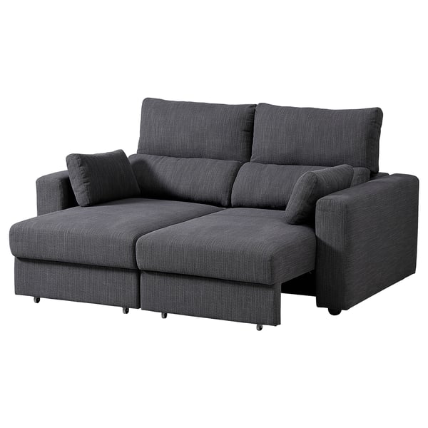 Modern dark grey fabric l-shaped sofa with adjustable headrests and an extra-high back for comfort.