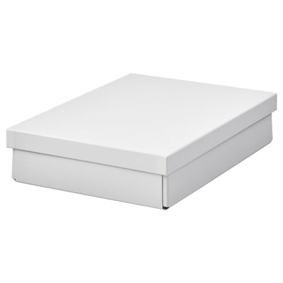 A white FJÄDERHARV storage box made of recycled paper and paperboard, designed for a4 or letter size papers, with a neat and rectangular shape.