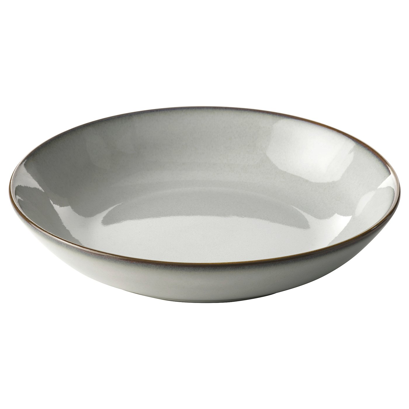 Rounded sandy glaze stoneware plate with slightly flared rim, handcrafted look.
