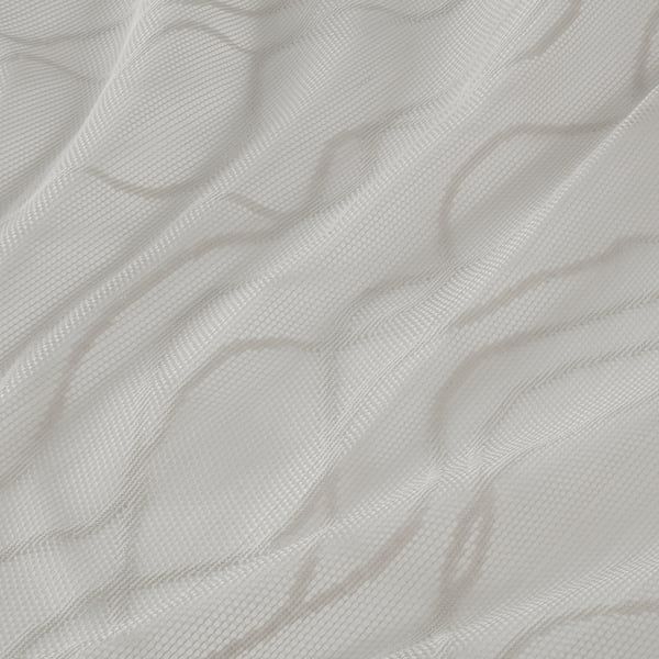 Sheer grey curtains with subtle wave pattern, soft fabric, allowing light and privacy.
