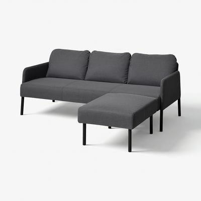 Black fabric GLOSTAD sofa set with matching footstool. Modern, sleek design with angled legs.