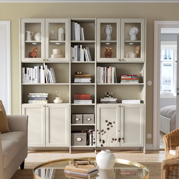 GULDDRAGARE Storage combination, beige clear glass/with doors with shelves, 200x37x216 cm