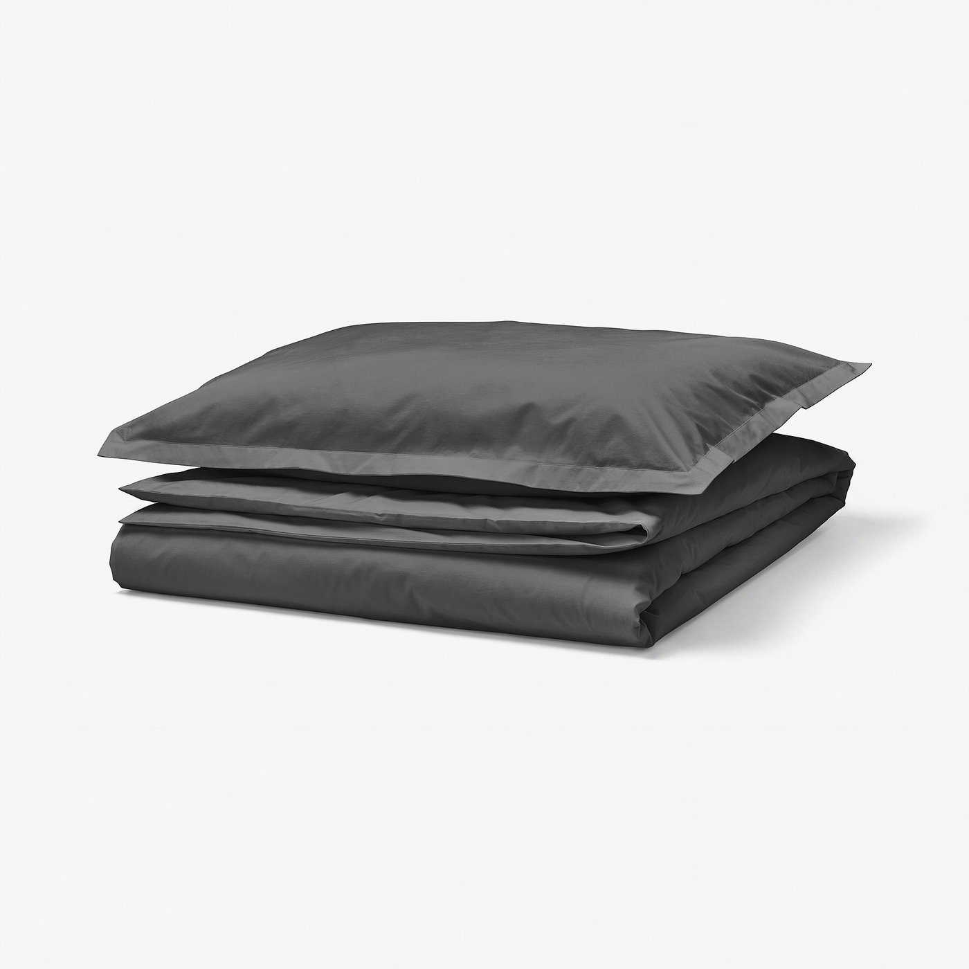 Dark grey duvet cover set, crisp cotton percale, includes pillowcase with flange, natural, neutral, square shape, envelope closure.