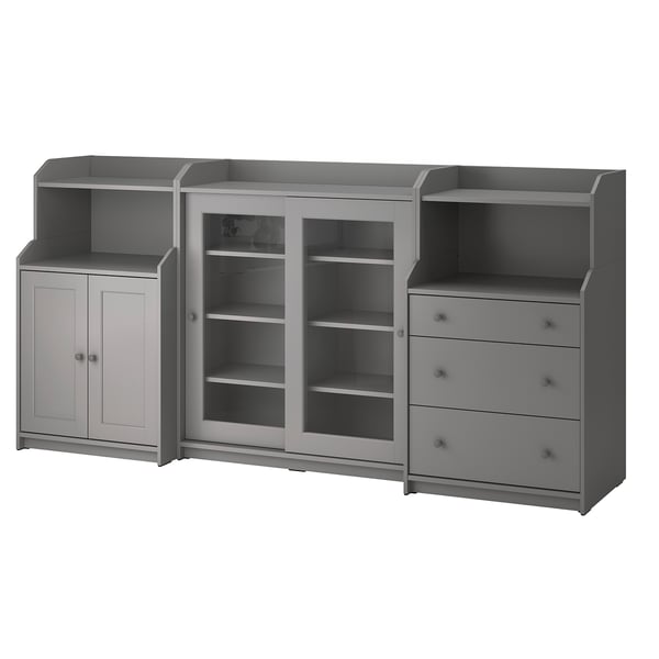 HAUGA: glass, 2-solid doors, 3-drawer chest.