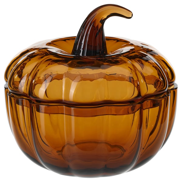 HÖSTAGILLE amber glass pumpkin bowl, translucent, ribbed texture, rounded handle on lid, festive fall decor.