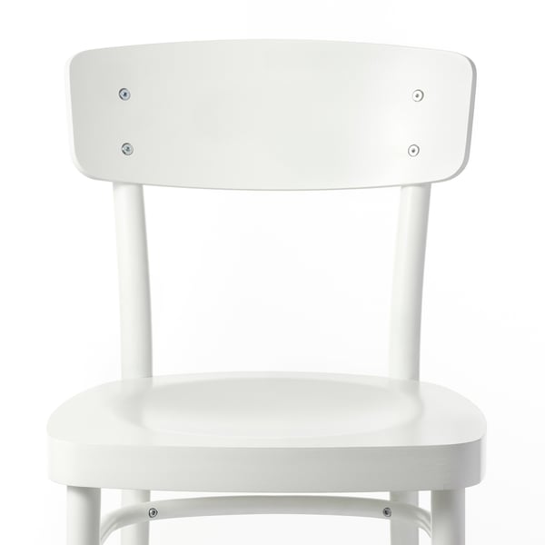 White wooden chair, durable, rounded edges, sturdy backrest and seat.