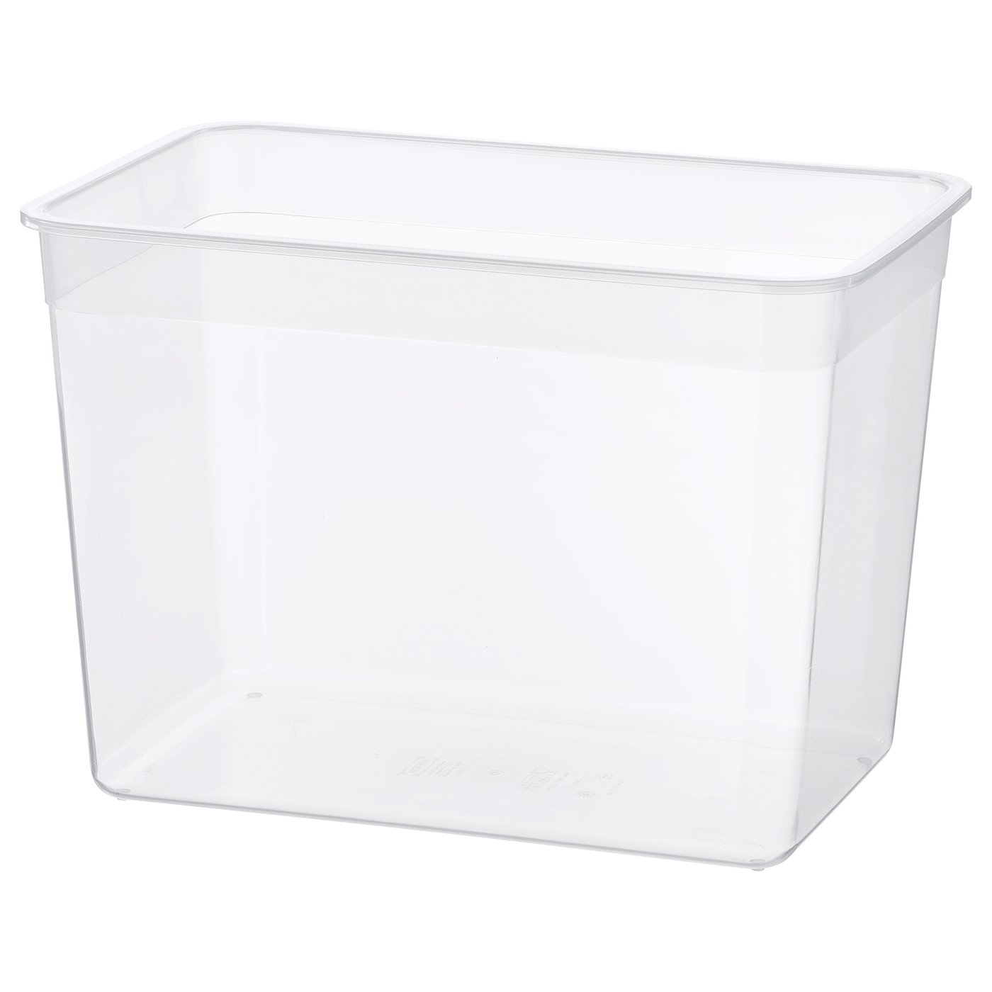 Ikea rectangular, clear plastic storage container. Used for organizing food. Made of polypropylene.