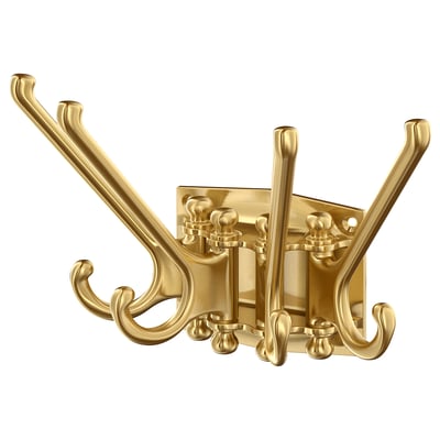 A gold-colored, multi-hook wall hanger with a modern design. It five hooks for hanging items.