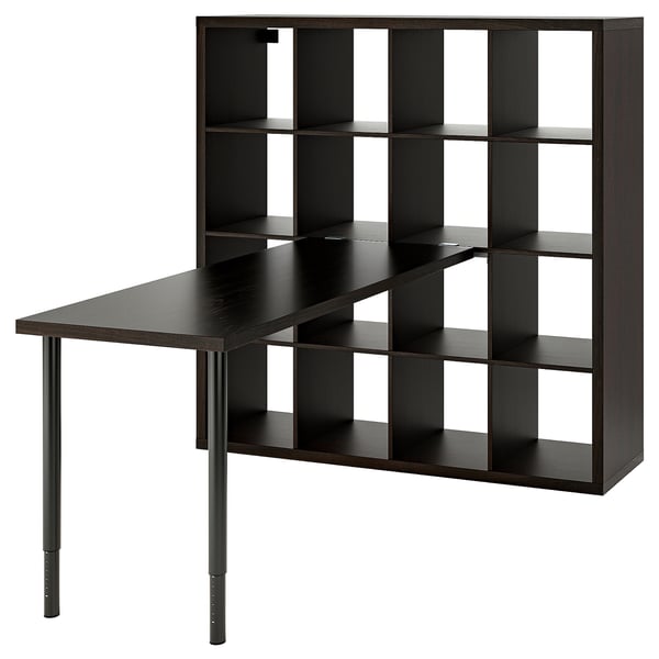 KALLAX dark brown cube shelving unit with attached angled desk, combining storage and workspace efficiently.