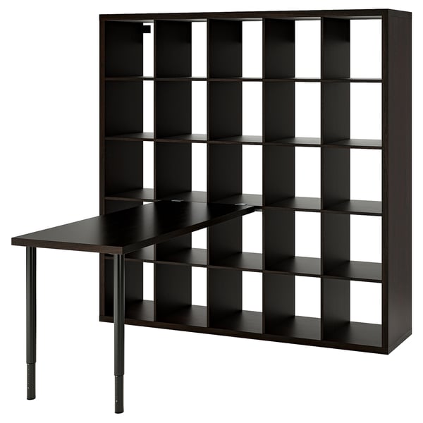 KALLAX: black cube shelving with attached desk, modern and minimalist.