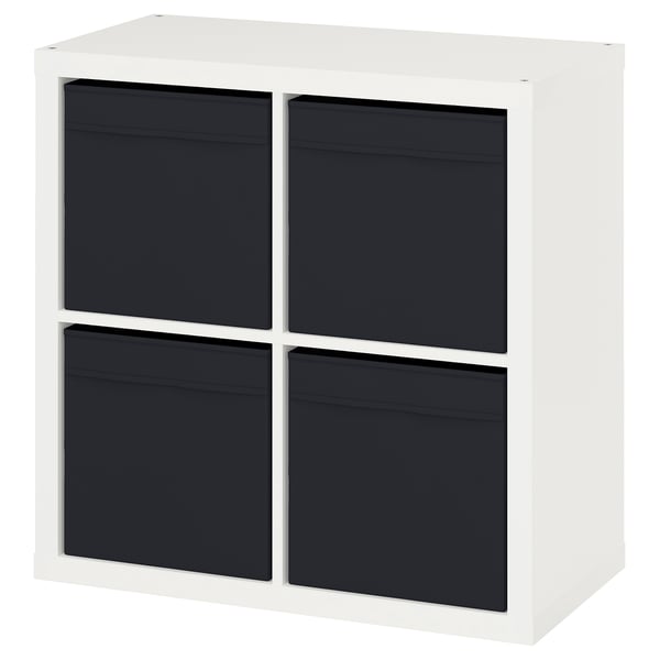 White KALLAX cube shelving - modern, modular, 4 black fabric storage boxes.
