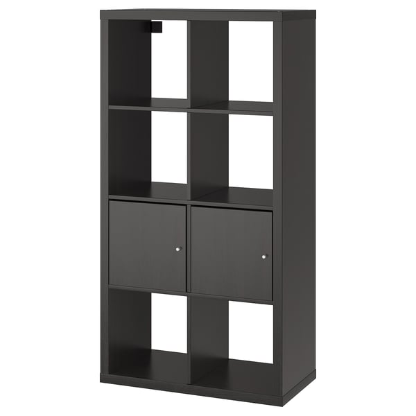 KALLAX black shelving unit by IKEA, combines open & closed storage, stylish & functional.