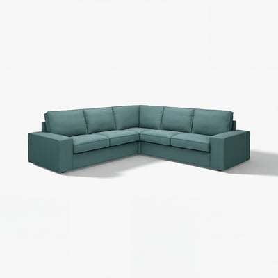 Teal KIVIK sectional sofa, modern design, wide seats, low armrests, comfortable, cleanable fabric cover.