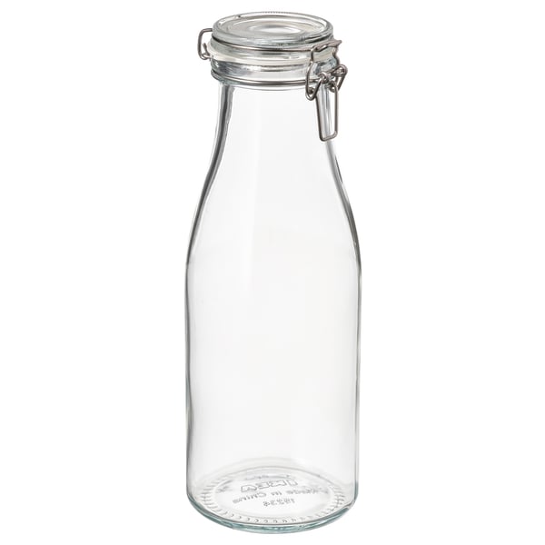 An empty, clear glass jar with a metal clamp lid. It’s part of the KORKEN series, known for its airtight seal.