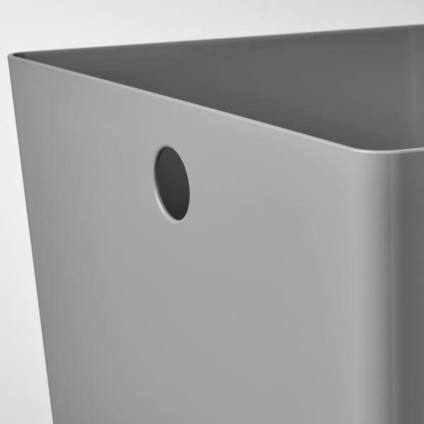 A tall, rectangular, grey plastic storage bin with a smooth finish and a circular cutout handle for easy carrying.
