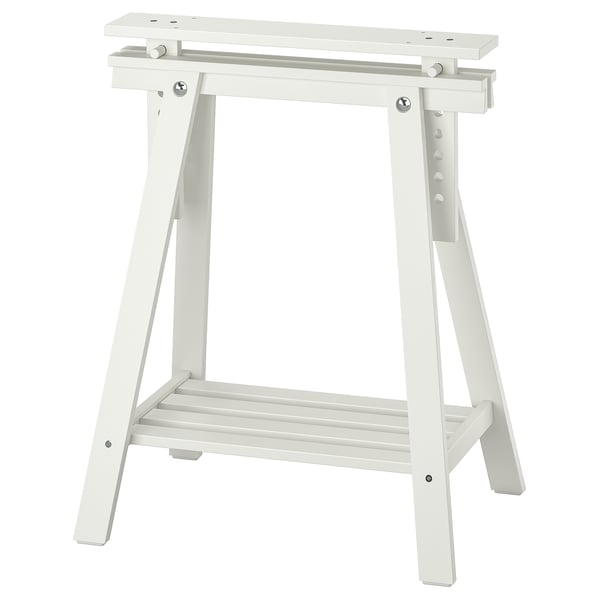 LAGKAPTEN: white trestle table with adjustable top, lightweight, eco-friendly, pre-drilled holes.