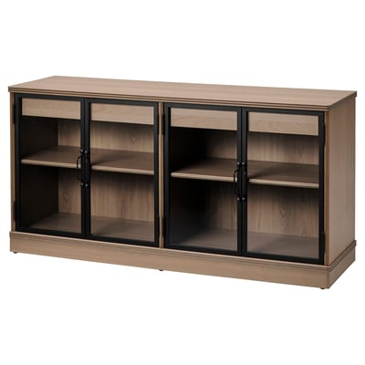 A LANESUND sideboard in light brown with three glass doors, made of wood and metal, with a rectangular shape and modern design.