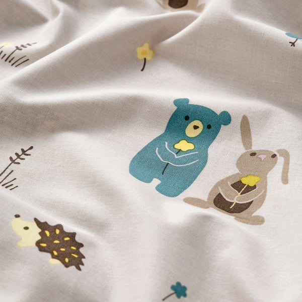 LEN Duvet cover 1 pillowcase for cot, beige/bunny and bear pattern, 110x125/35x55 cm